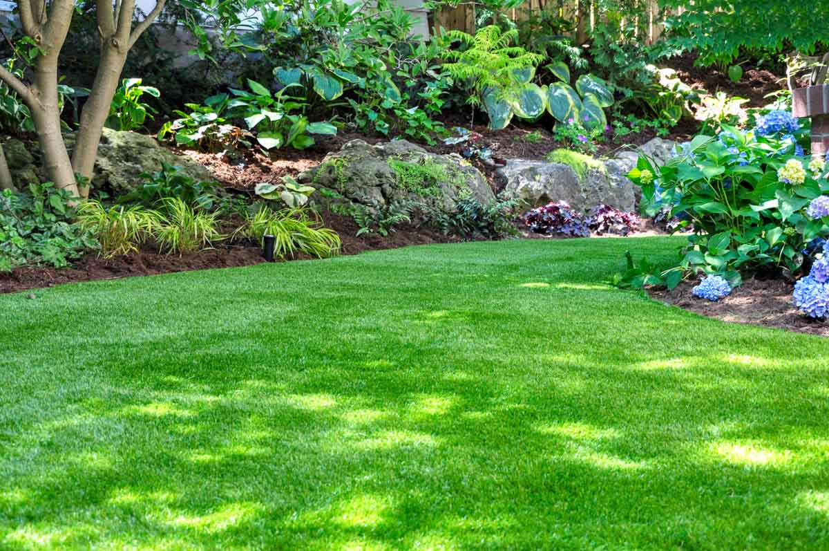 Lush green artificial turf garden area