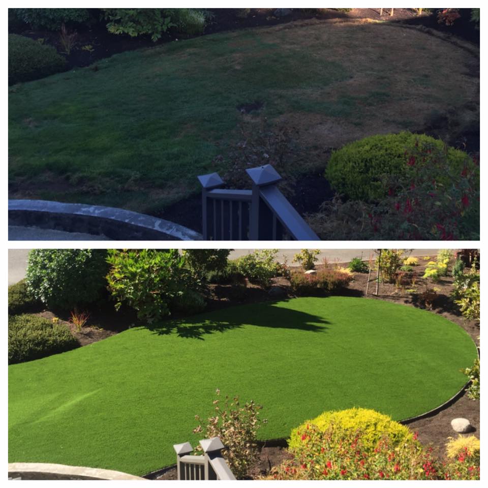 Before and after artificial turf installation.