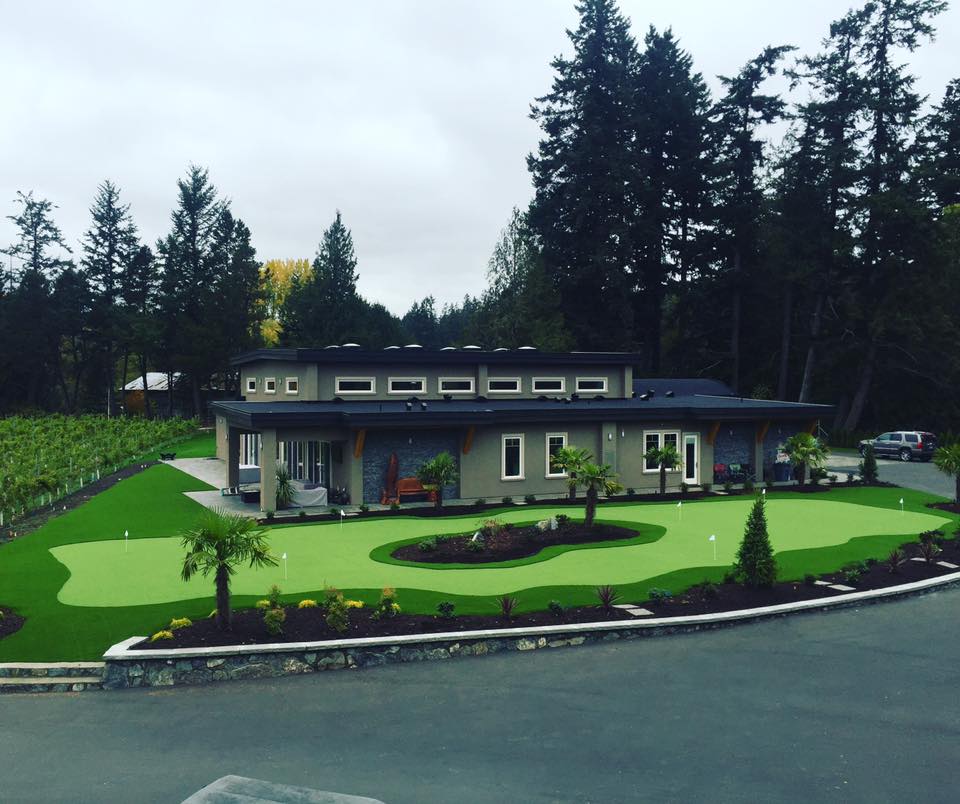 Modern house with artificial grass landscaping.