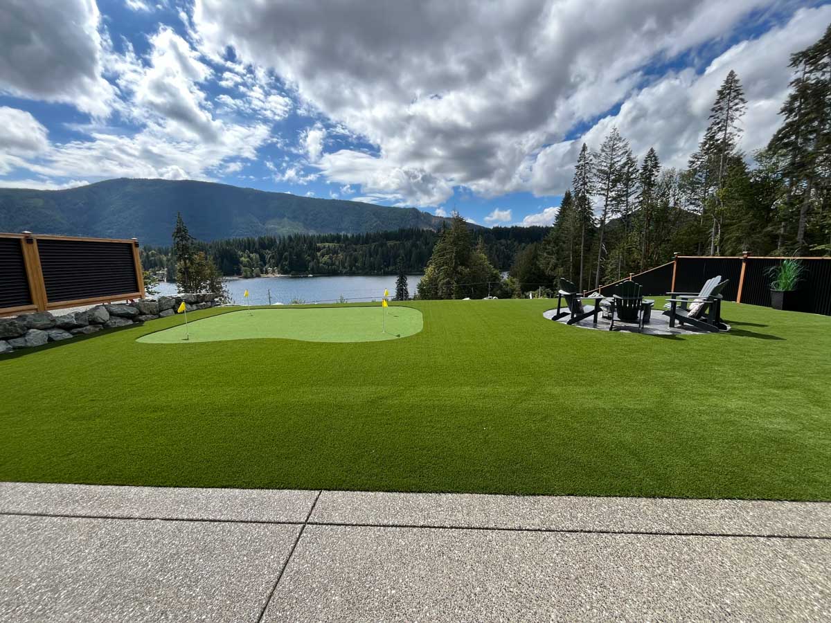 Lush green lawn by serene lake
